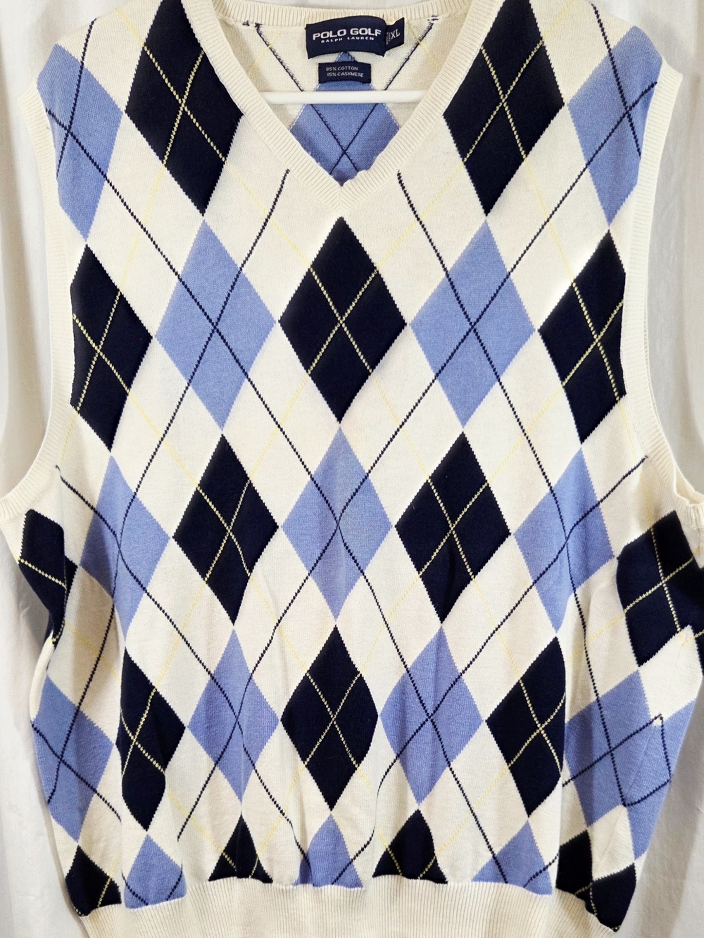 Polo Golf Ralph Lauren Argyle Sweater Vest Mens XL Cotton Cashmere Blue Cream